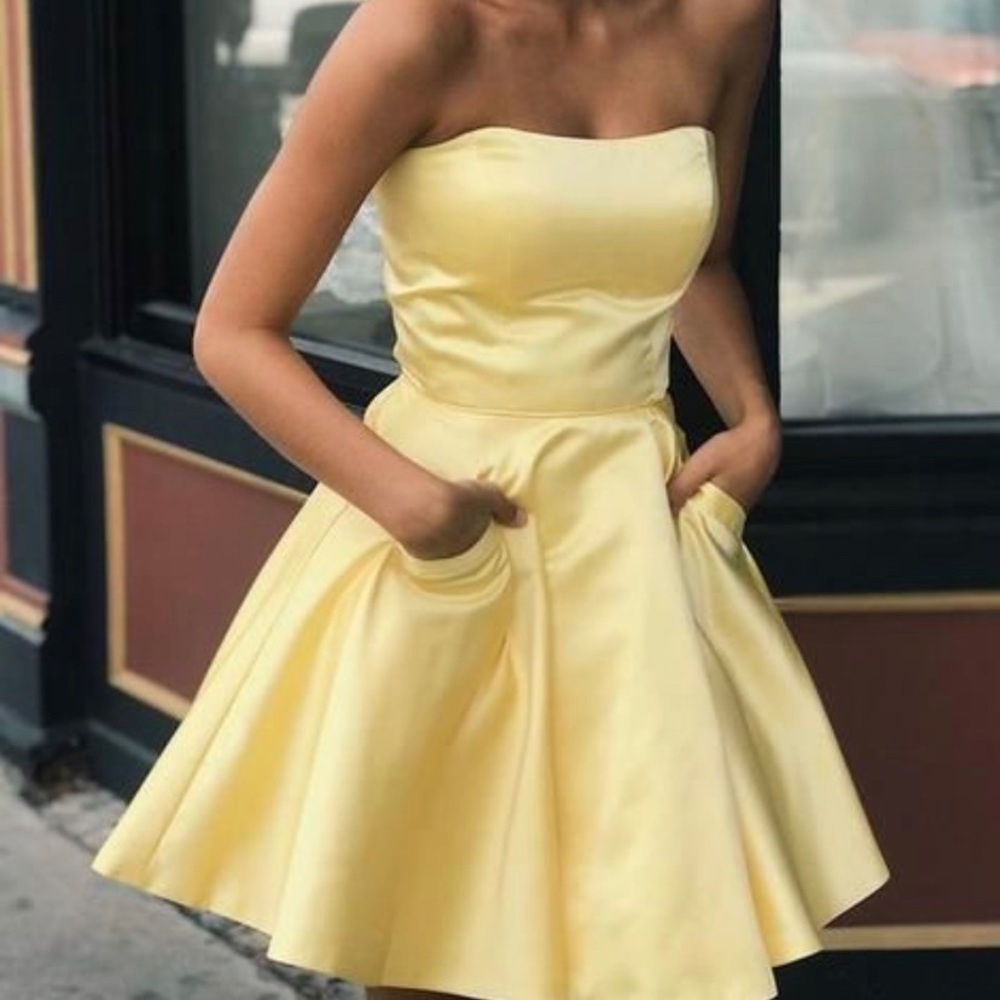Yellow Satin Strapless Homecoming/Cocktail Dress